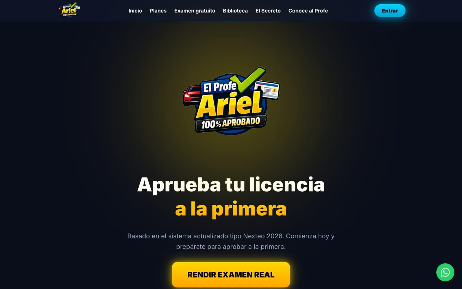 The El Profe Ariel website home: “Pass your licence first time” and the button to take a real exam.